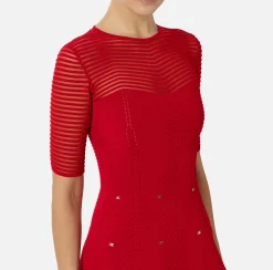 Elisabetta Franchi Mini Dresses|Knitted Dresses|Herringbone pattern mini-dress in viscose fabric with studs RedPassion