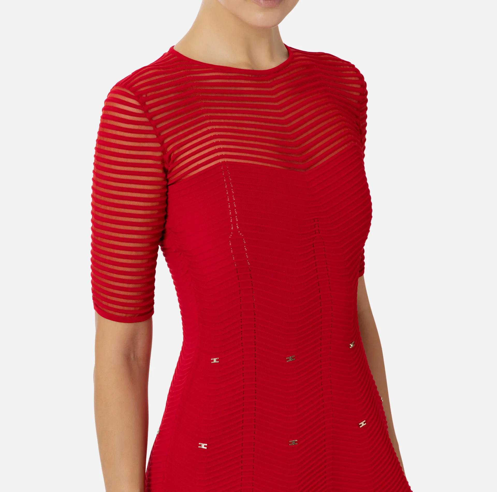 Elisabetta Franchi Mini Dresses|Knitted Dresses|Herringbone pattern mini-dress in viscose fabric with studs RedPassion