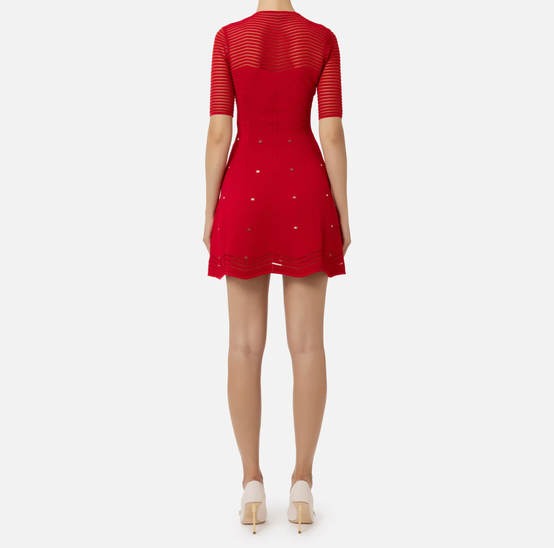 Elisabetta Franchi Mini Dresses|Knitted Dresses|Herringbone pattern mini-dress in viscose fabric with studs RedPassion