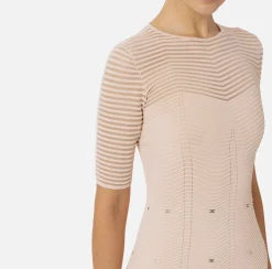 Elisabetta Franchi Mini Dresses|Knitted Dresses|Herringbone pattern mini-dress in viscose fabric with studs PowderPink