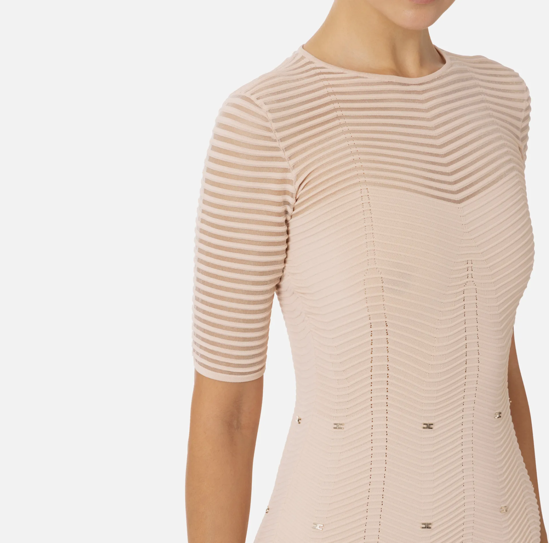 Elisabetta Franchi Mini Dresses|Knitted Dresses|Herringbone pattern mini-dress in viscose fabric with studs PowderPink