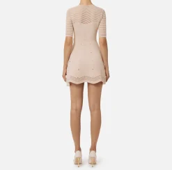 Elisabetta Franchi Mini Dresses|Knitted Dresses|Herringbone pattern mini-dress in viscose fabric with studs PowderPink