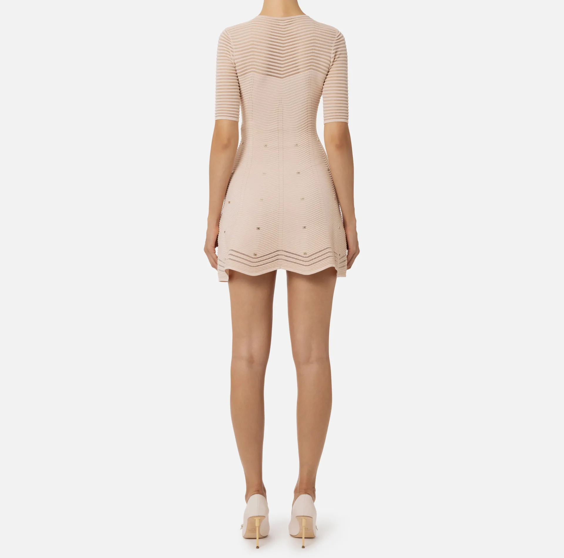 Elisabetta Franchi Mini Dresses|Knitted Dresses|Herringbone pattern mini-dress in viscose fabric with studs PowderPink