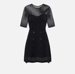 Elisabetta Franchi Mini Dresses|Knitted Dresses|Herringbone pattern mini-dress in viscose fabric with studs Black