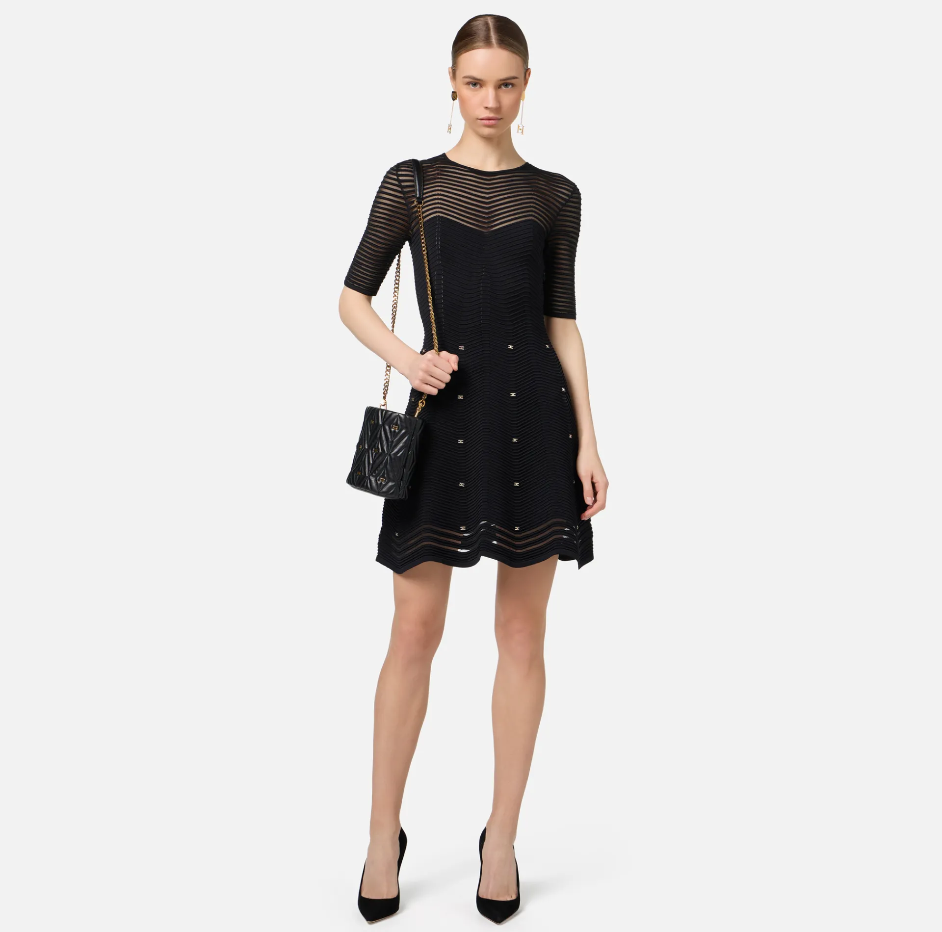 Elisabetta Franchi Mini Dresses|Knitted Dresses|Herringbone pattern mini-dress in viscose fabric with studs Black