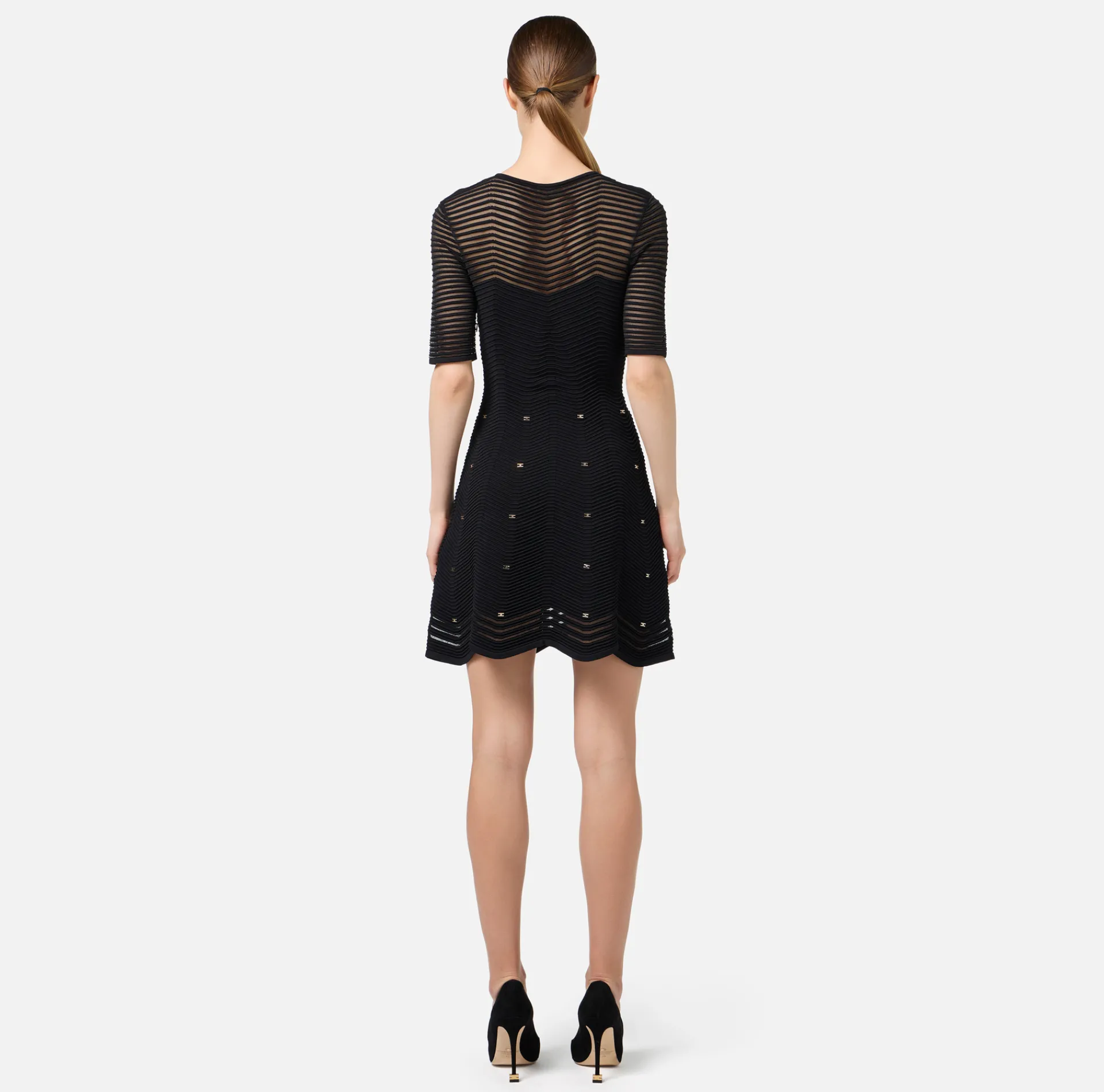 Elisabetta Franchi Mini Dresses|Knitted Dresses|Herringbone pattern mini-dress in viscose fabric with studs Black