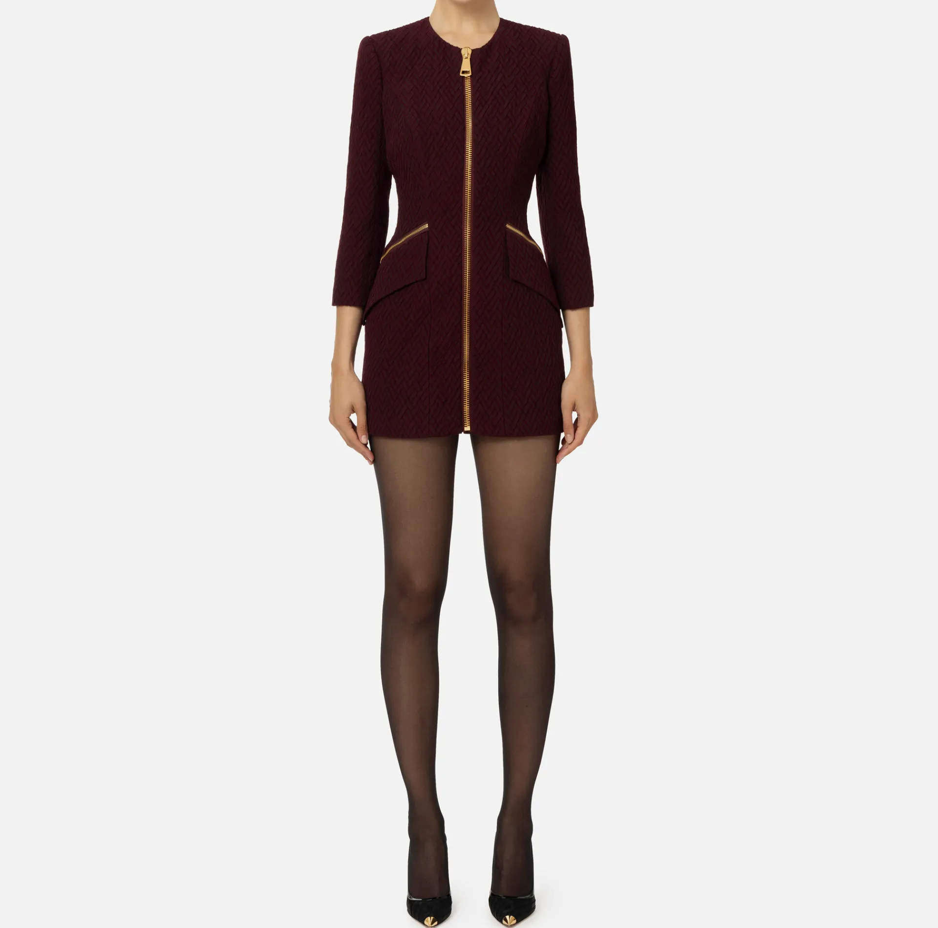 Elisabetta Franchi Mini Dresses|Dresses|Herringbone tweed mini-dress with zip RougeNoir