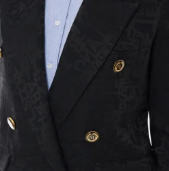 Elisabetta Franchi Jackets And Trench Coats|Tailleur|Jacquard crêpe double-breasted jacket with lettering Black