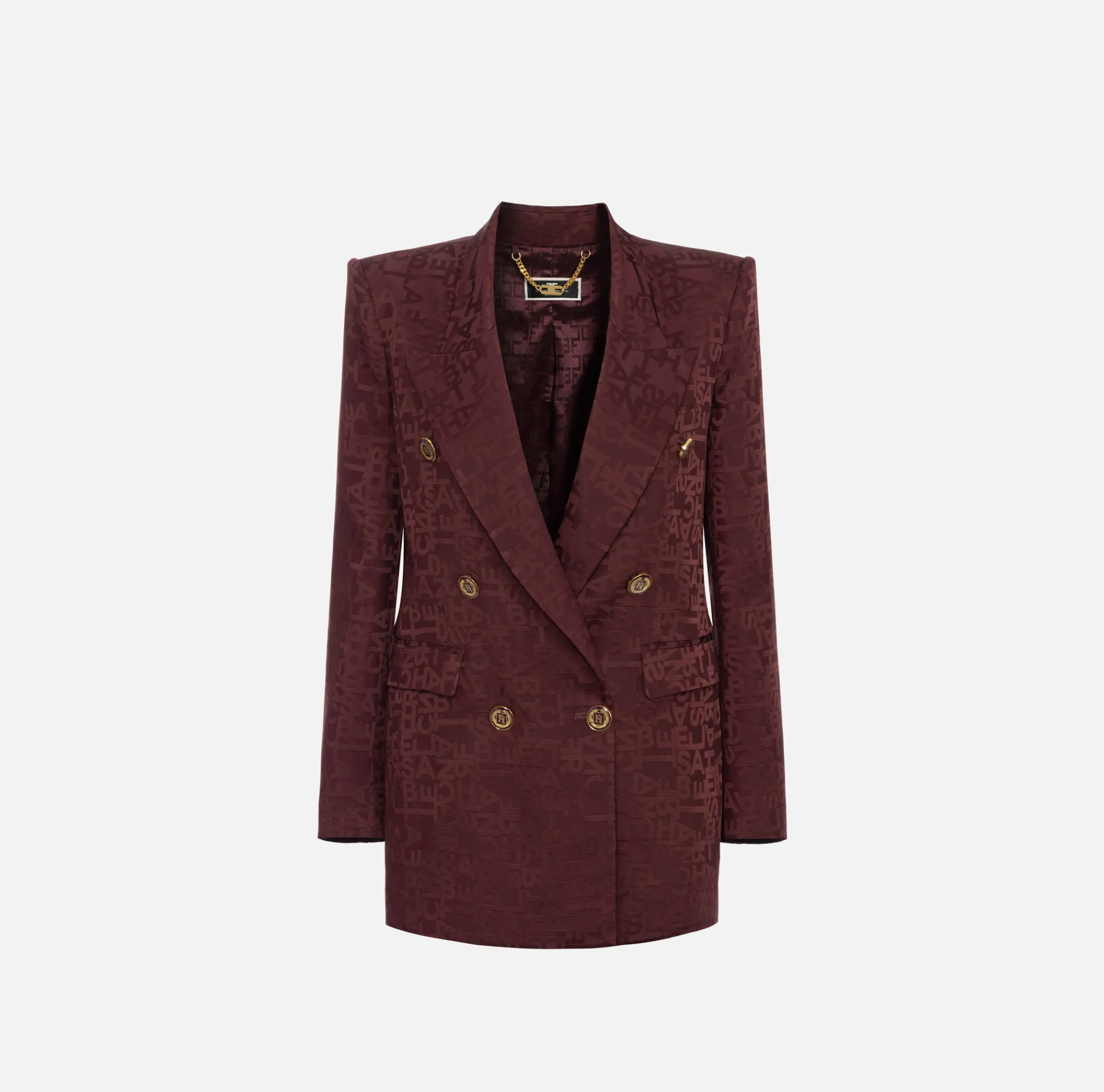Elisabetta Franchi Jackets And Trench Coats|Tailleur|Jacquard crêpe double-breasted jacket with lettering RougeNoir