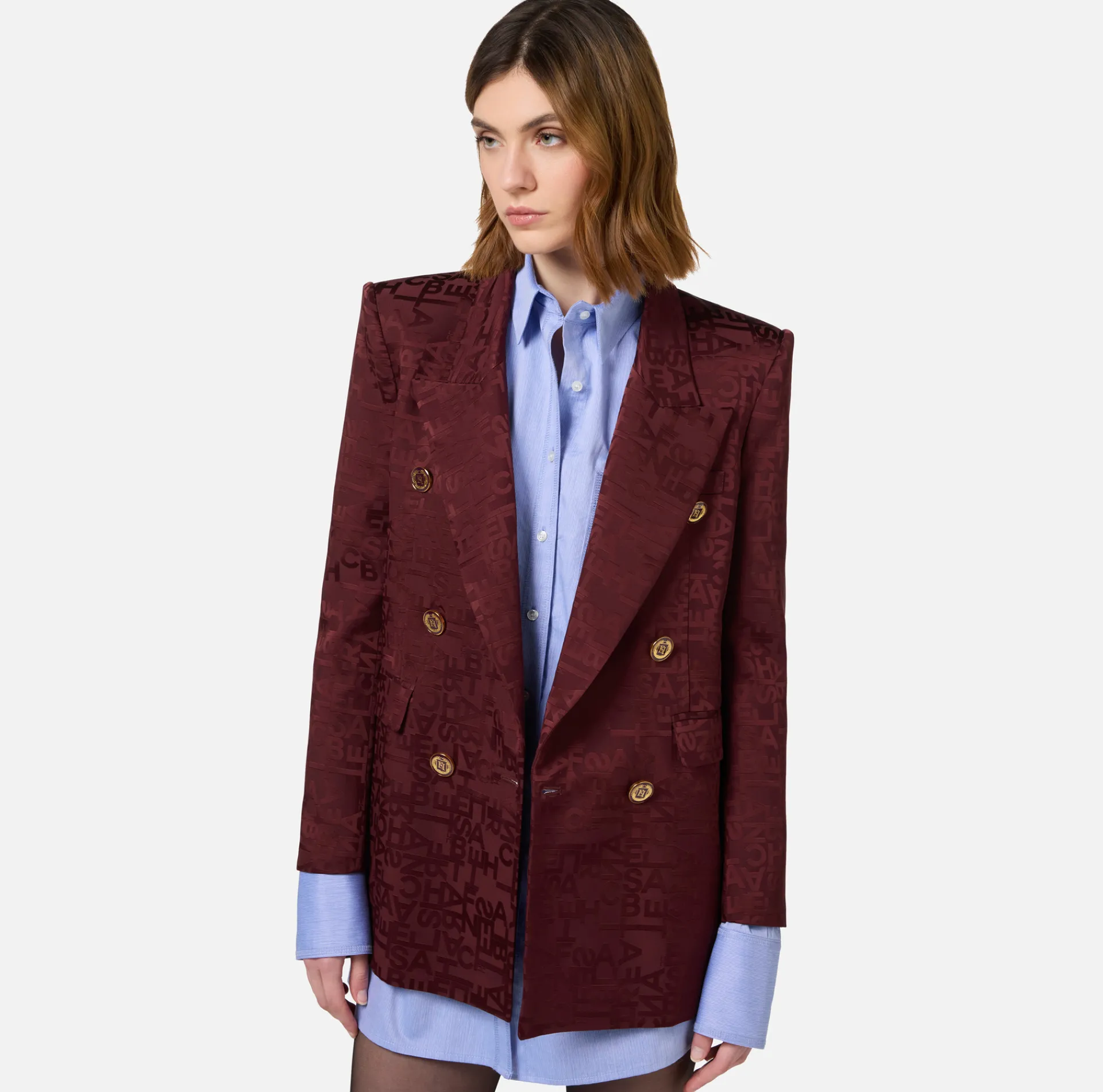 Elisabetta Franchi Jackets And Trench Coats|Tailleur|Jacquard crêpe double-breasted jacket with lettering RougeNoir