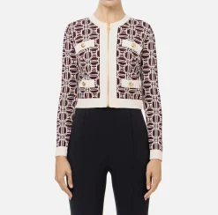 Elisabetta Franchi Knitwear And Sweatshirts|Jacquard logo cropped cardigan RougeNoir/Butter