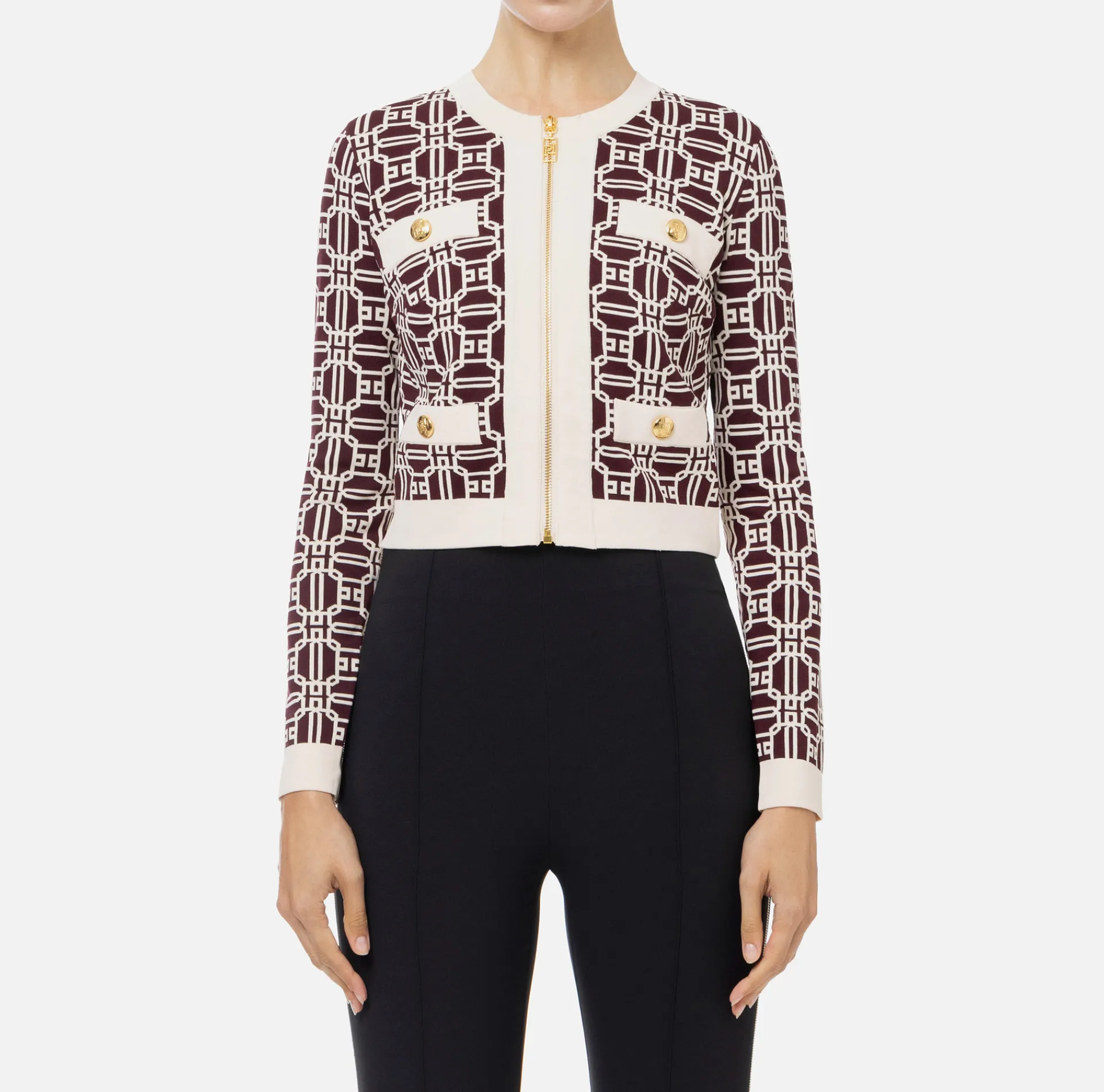 Elisabetta Franchi Knitwear And Sweatshirts|Jacquard logo cropped cardigan RougeNoir/Butter
