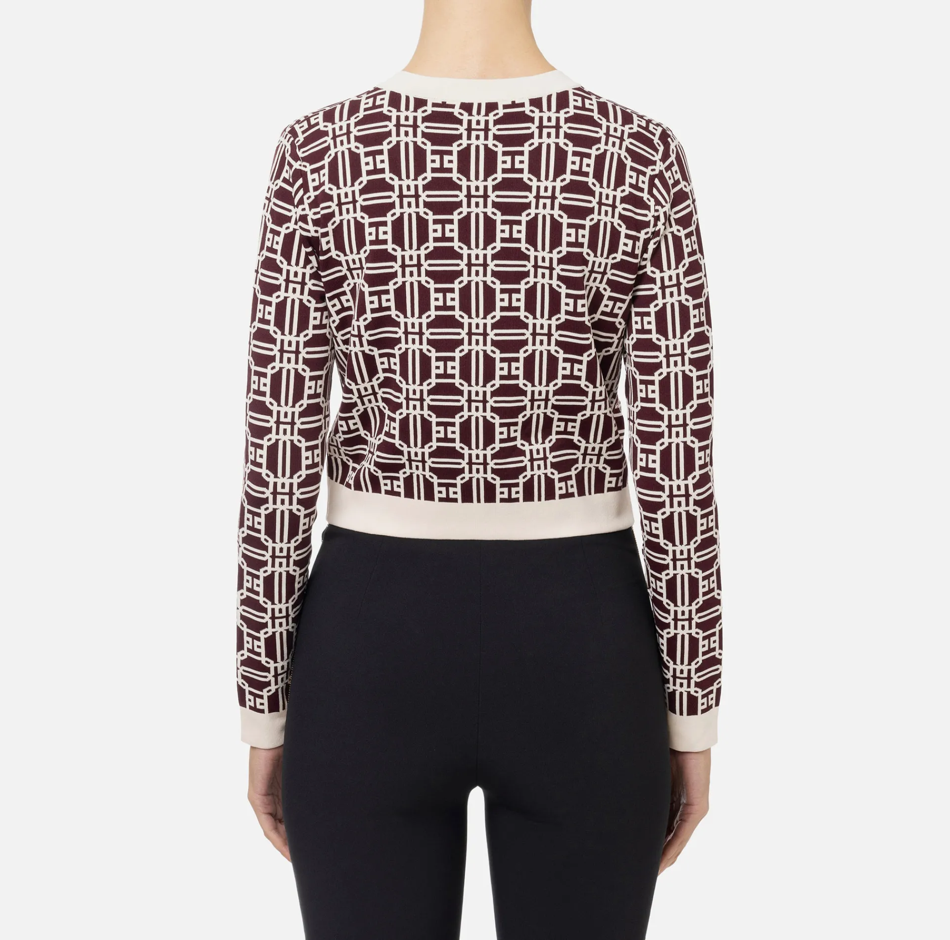 Elisabetta Franchi Knitwear And Sweatshirts|Jacquard logo cropped cardigan RougeNoir/Butter