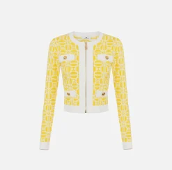 Elisabetta Franchi Knitwear And Sweatshirts|Jacquard logo cropped cardigan Mimosa/Ivory