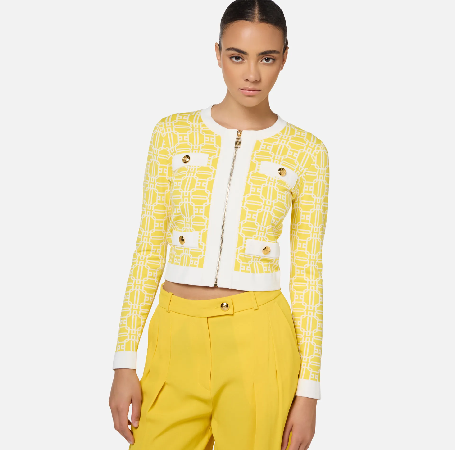 Elisabetta Franchi Knitwear And Sweatshirts|Jacquard logo cropped cardigan Mimosa/Ivory
