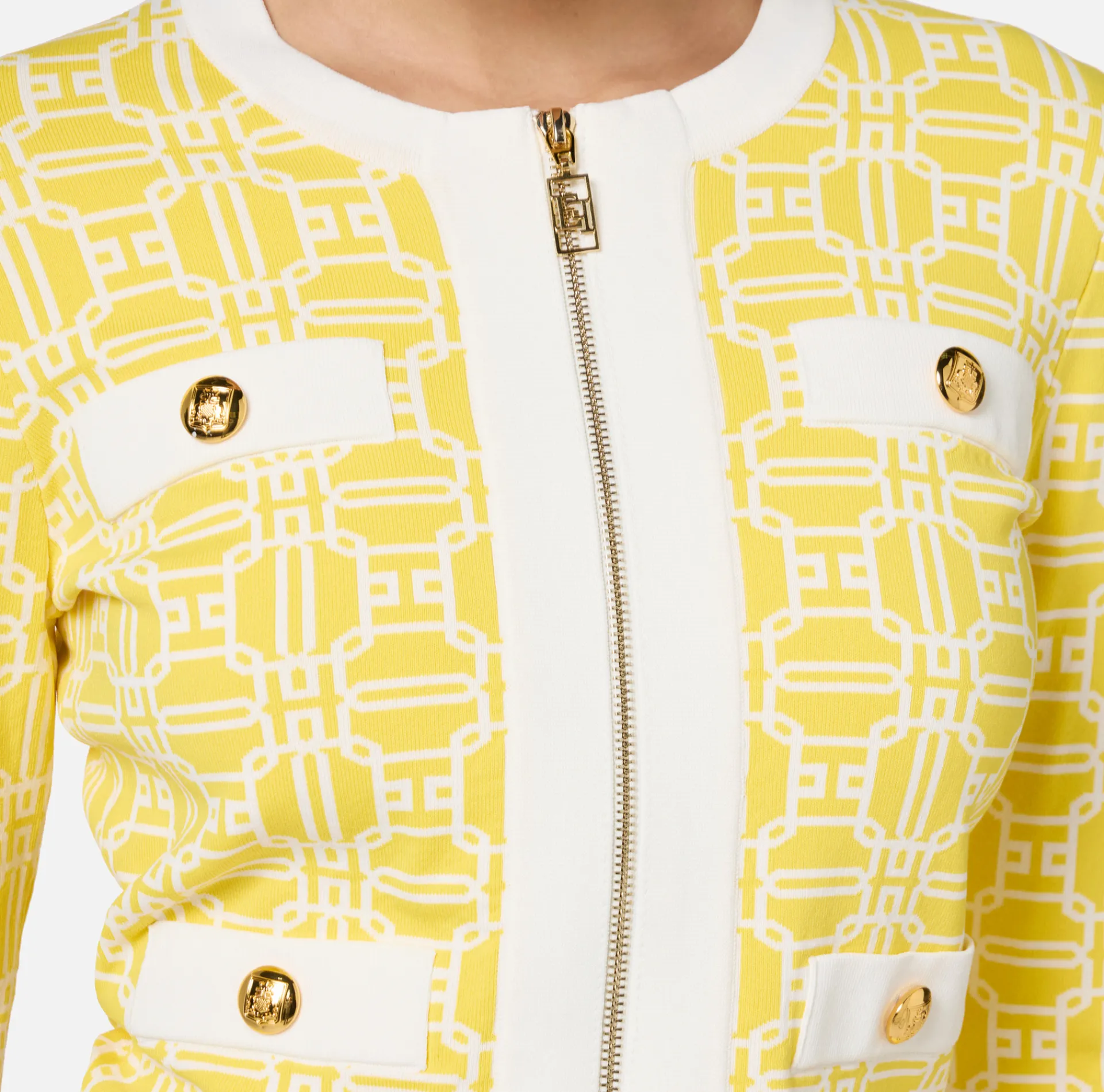 Elisabetta Franchi Knitwear And Sweatshirts|Jacquard logo cropped cardigan Mimosa/Ivory
