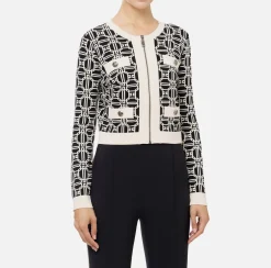 Elisabetta Franchi Knitwear And Sweatshirts|Jacquard logo cropped cardigan Black/Butter