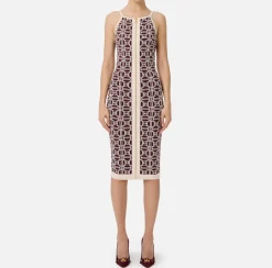 Elisabetta Franchi Knitted Dresses|Midi Dresses|Jacquard logo midi dress RougeNoir/Butter
