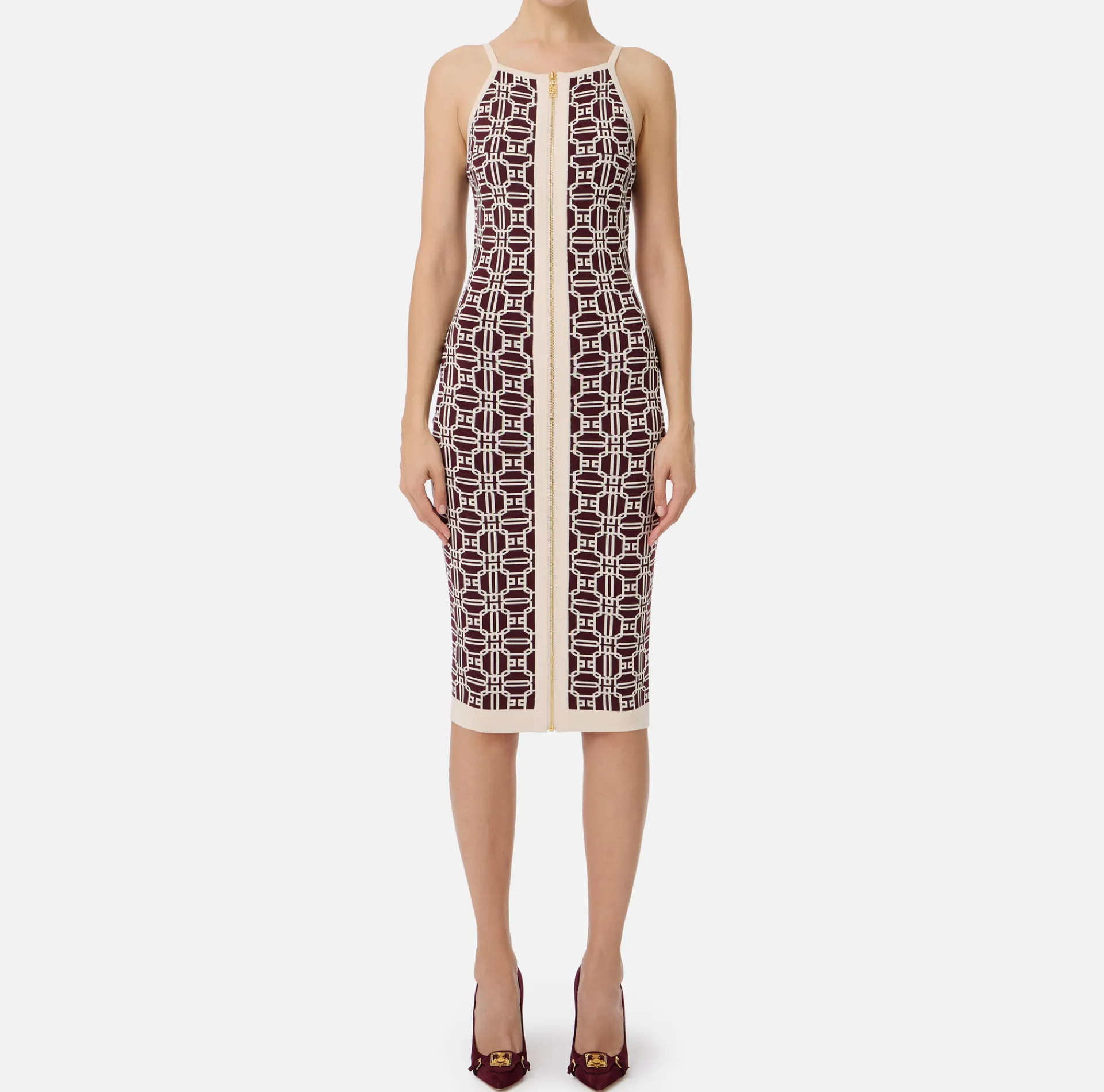 Elisabetta Franchi Knitted Dresses|Midi Dresses|Jacquard logo midi dress RougeNoir/Butter