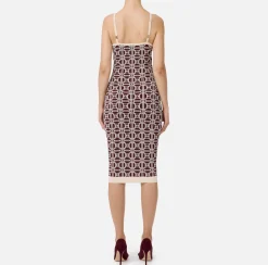 Elisabetta Franchi Knitted Dresses|Midi Dresses|Jacquard logo midi dress RougeNoir/Butter