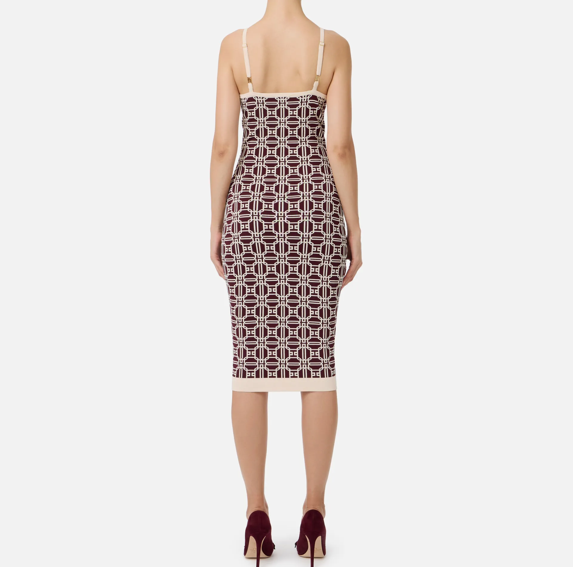 Elisabetta Franchi Knitted Dresses|Midi Dresses|Jacquard logo midi dress RougeNoir/Butter