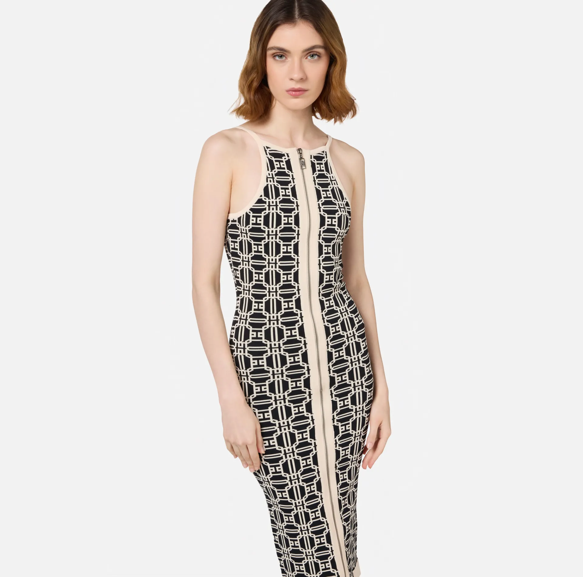 Elisabetta Franchi Knitted Dresses|Midi Dresses|Jacquard logo midi dress Black/Butter