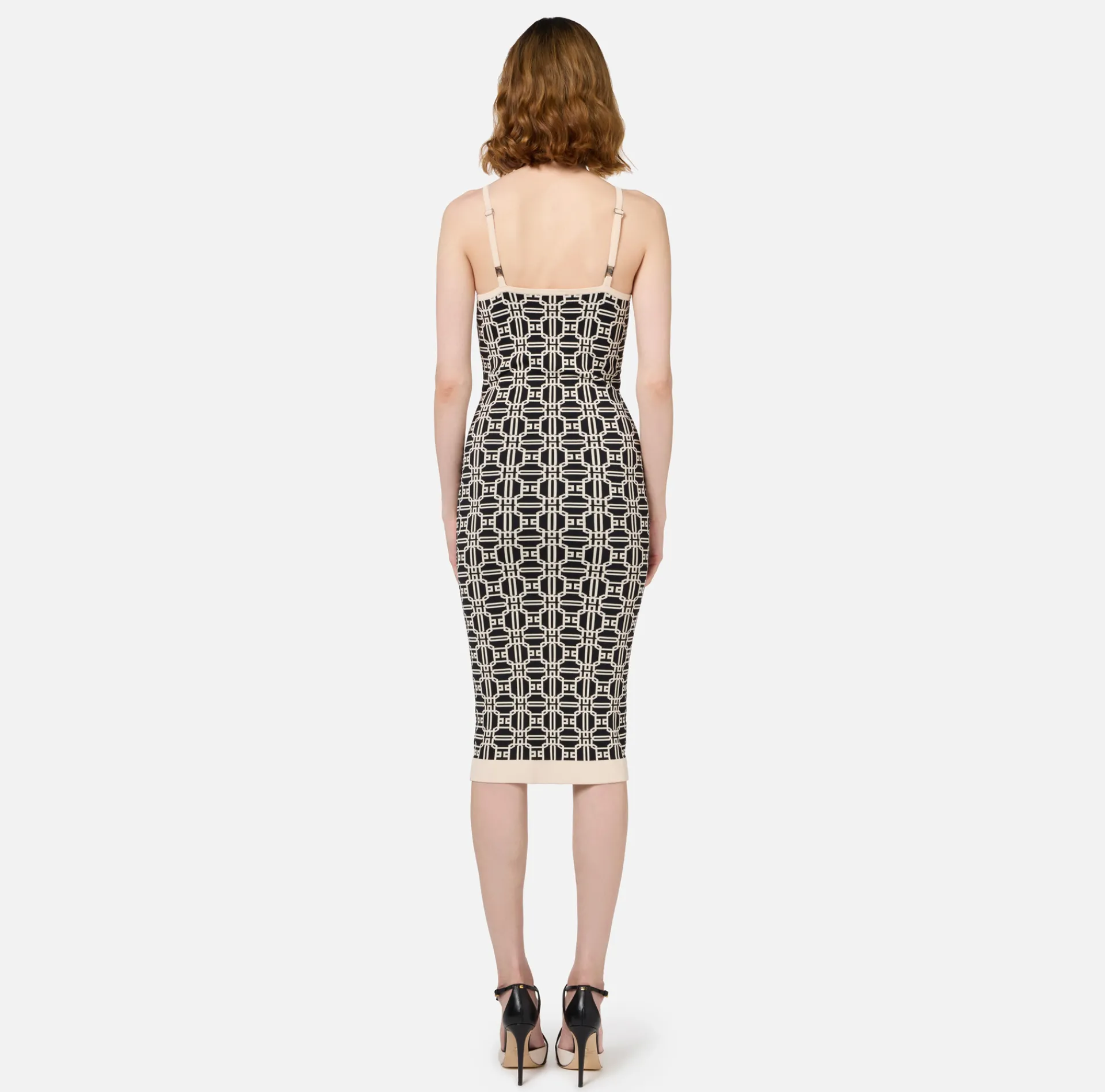 Elisabetta Franchi Knitted Dresses|Midi Dresses|Jacquard logo midi dress Black/Butter