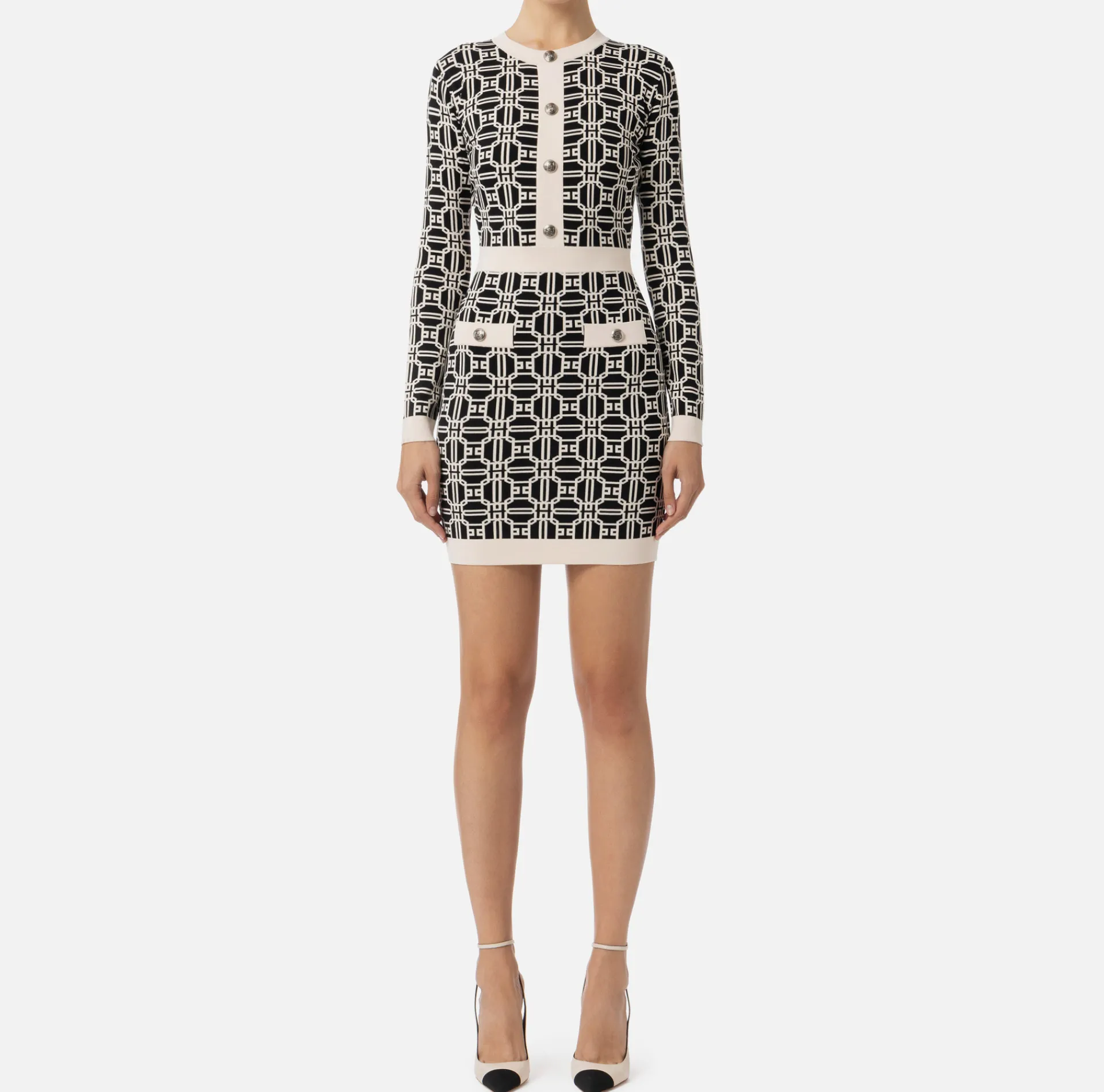 Elisabetta Franchi Mini Dresses|Knitted Dresses|Jacquard logo mini-dress Black/Butter
