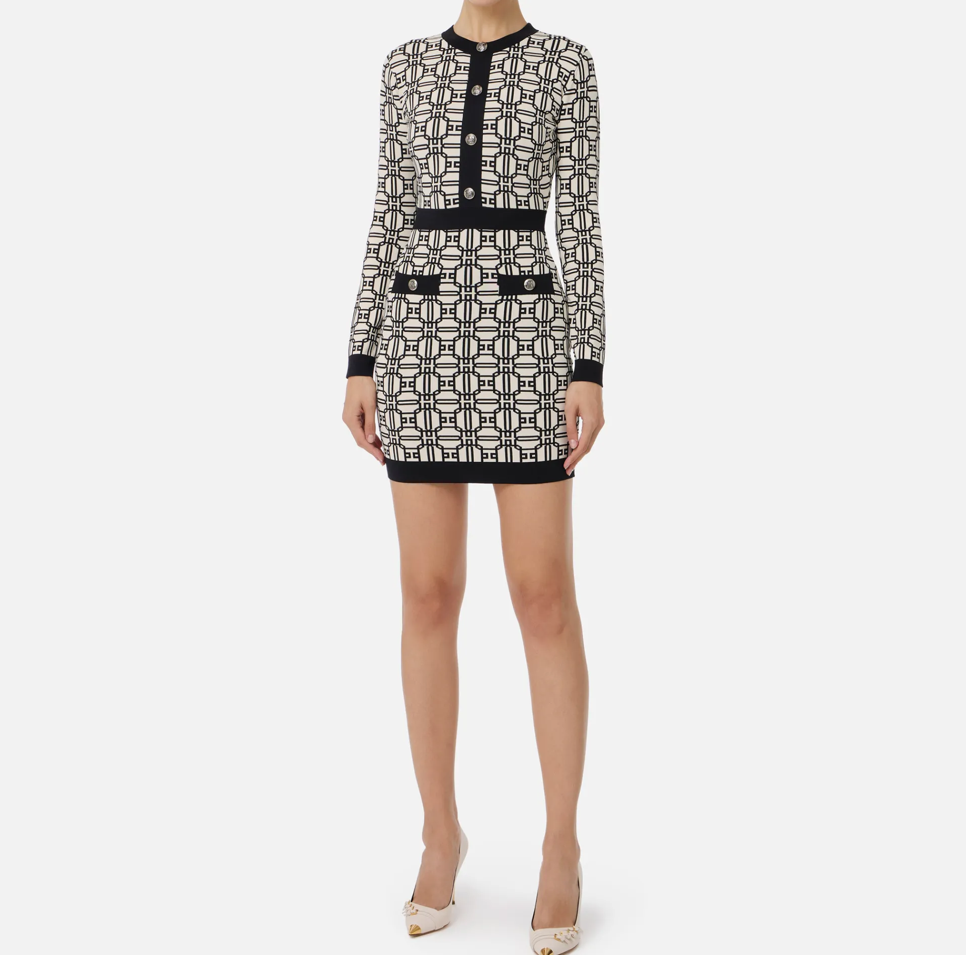 Elisabetta Franchi Mini Dresses|Knitted Dresses|Jacquard logo mini-dress Butter/Black