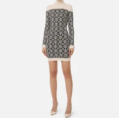 Elisabetta Franchi Mini Dresses|Knitted Dresses|Jacquard logo turtleneck mini-dress Black/Butter