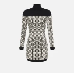 Elisabetta Franchi Mini Dresses|Knitted Dresses|Jacquard logo turtleneck mini-dress Butter/Black