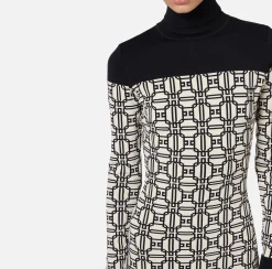 Elisabetta Franchi Mini Dresses|Knitted Dresses|Jacquard logo turtleneck mini-dress Butter/Black