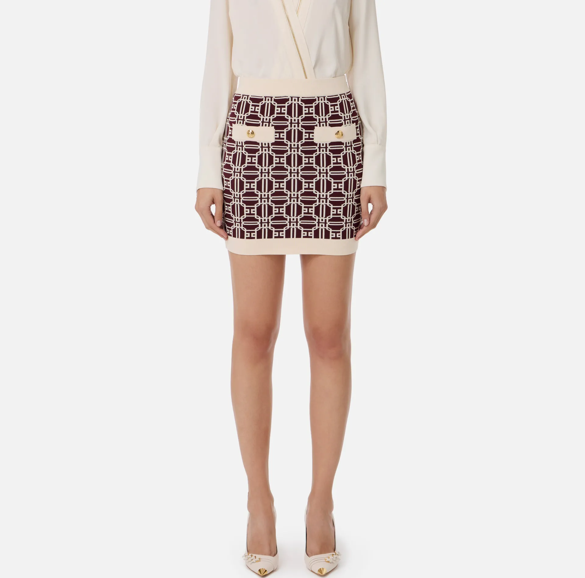 Elisabetta Franchi Skirts|Jacquard viscose logo miniskirt RougeNoir/Butter