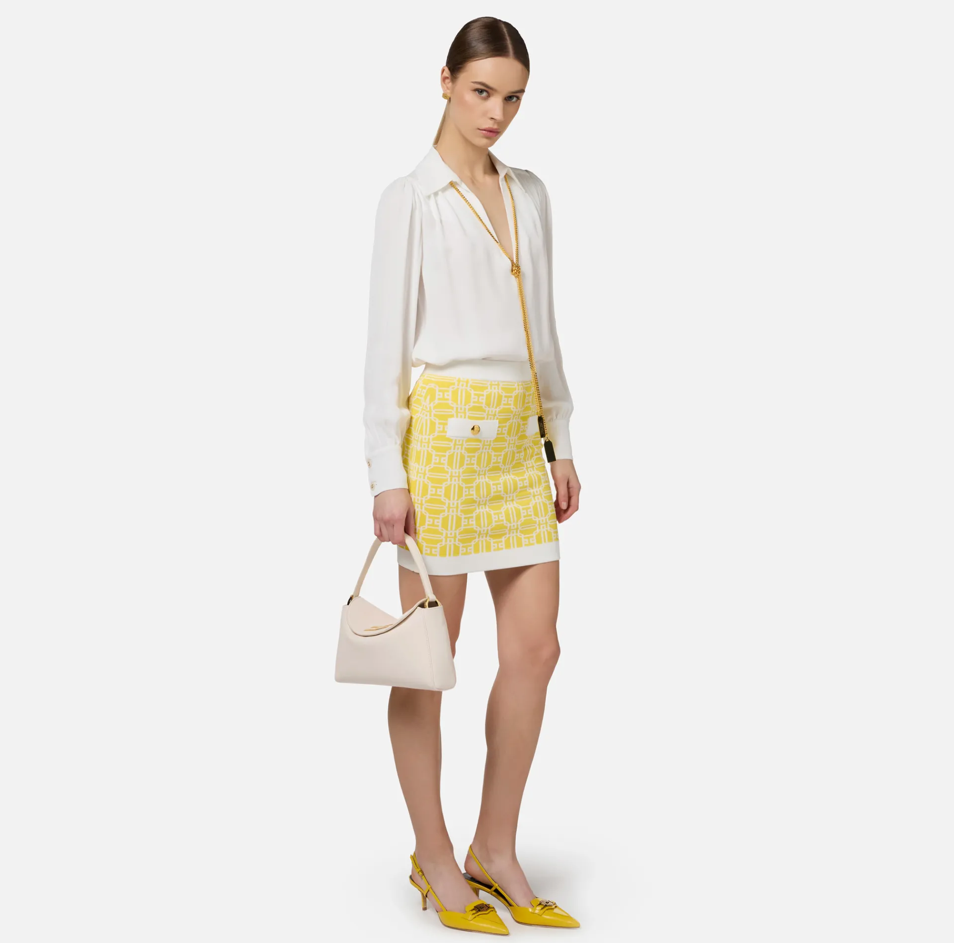 Elisabetta Franchi Skirts|Jacquard viscose logo miniskirt Mimosa/Ivory