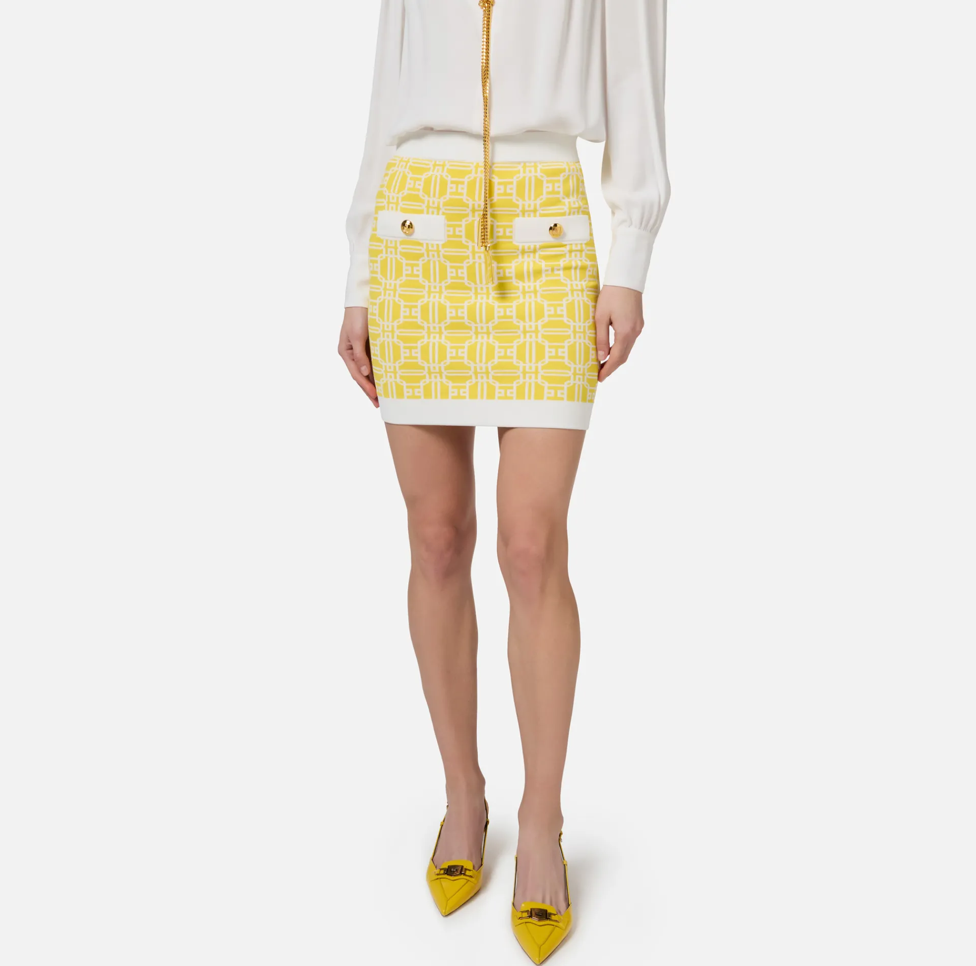 Elisabetta Franchi Skirts|Jacquard viscose logo miniskirt Mimosa/Ivory