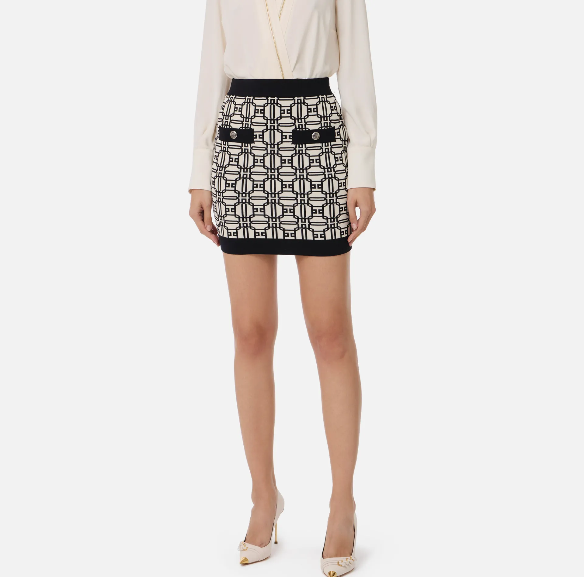 Elisabetta Franchi Skirts|Jacquard viscose logo miniskirt Butter/Black