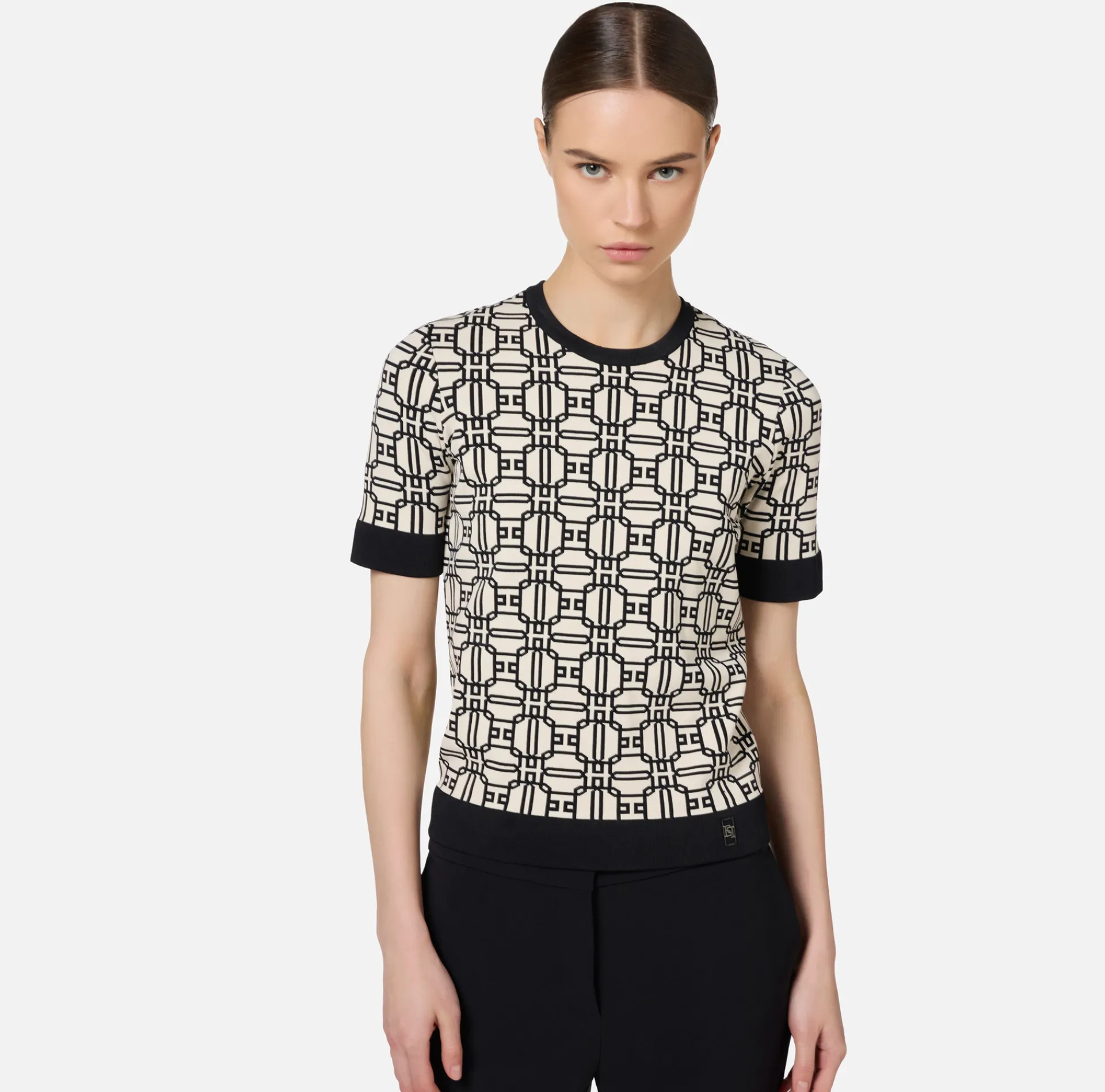 Elisabetta Franchi Knitwear And Sweatshirts|Jacquard viscose logo shirt Butter/Black