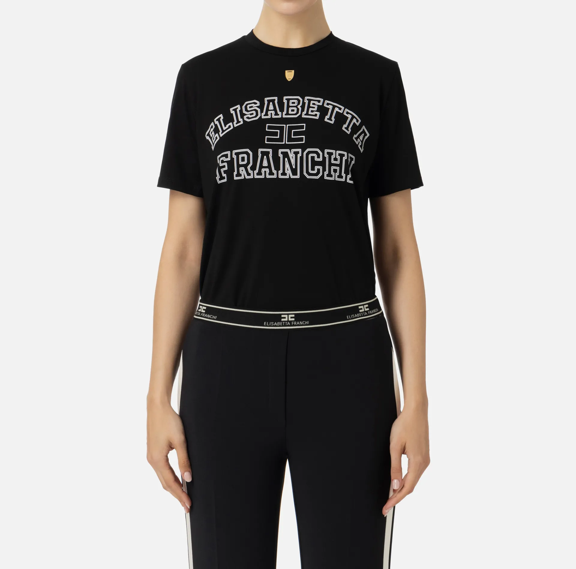 Elisabetta Franchi Top And T-Shirts|Jersey T-shirt with college logo Black