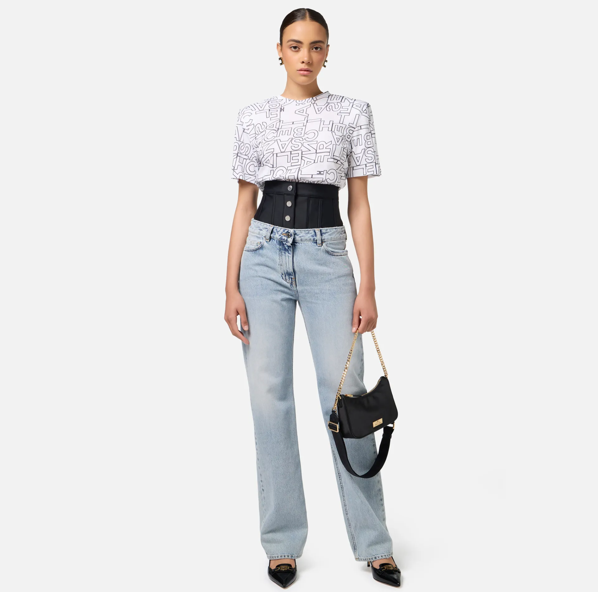 Elisabetta Franchi Top And T-Shirts|Jersey T-shirt with large lettering Chalk/Black