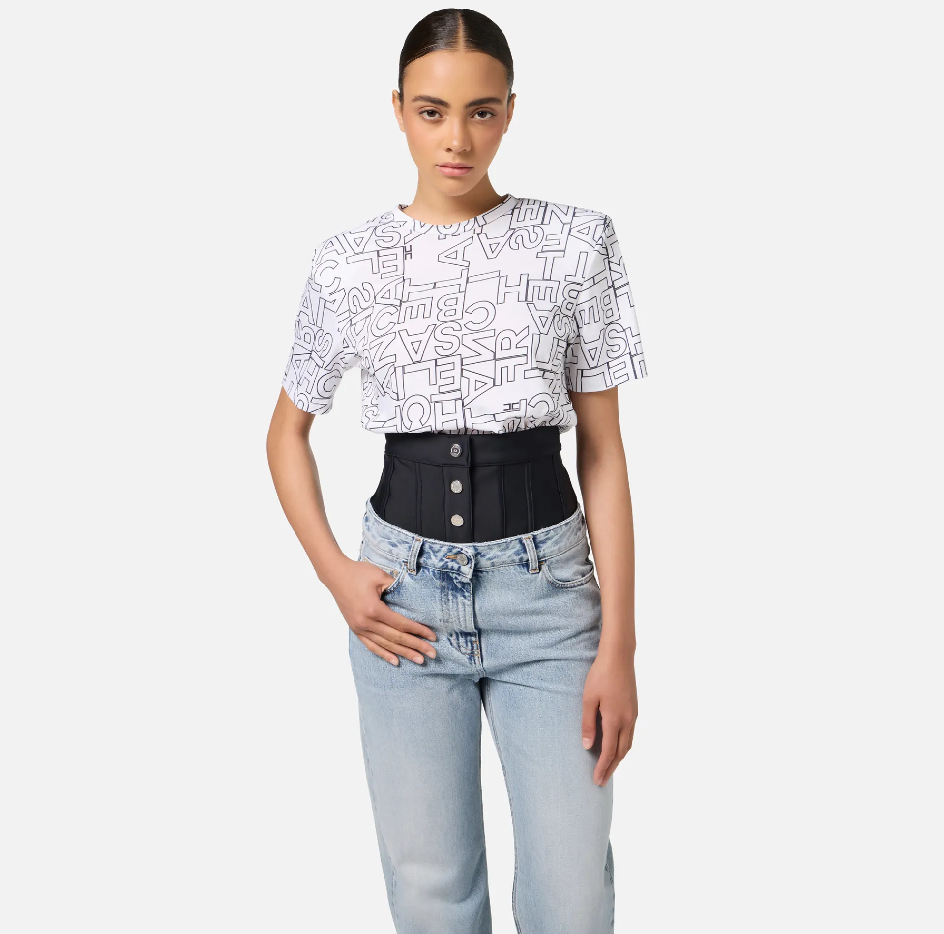 Elisabetta Franchi Top And T-Shirts|Jersey T-shirt with large lettering Chalk/Black