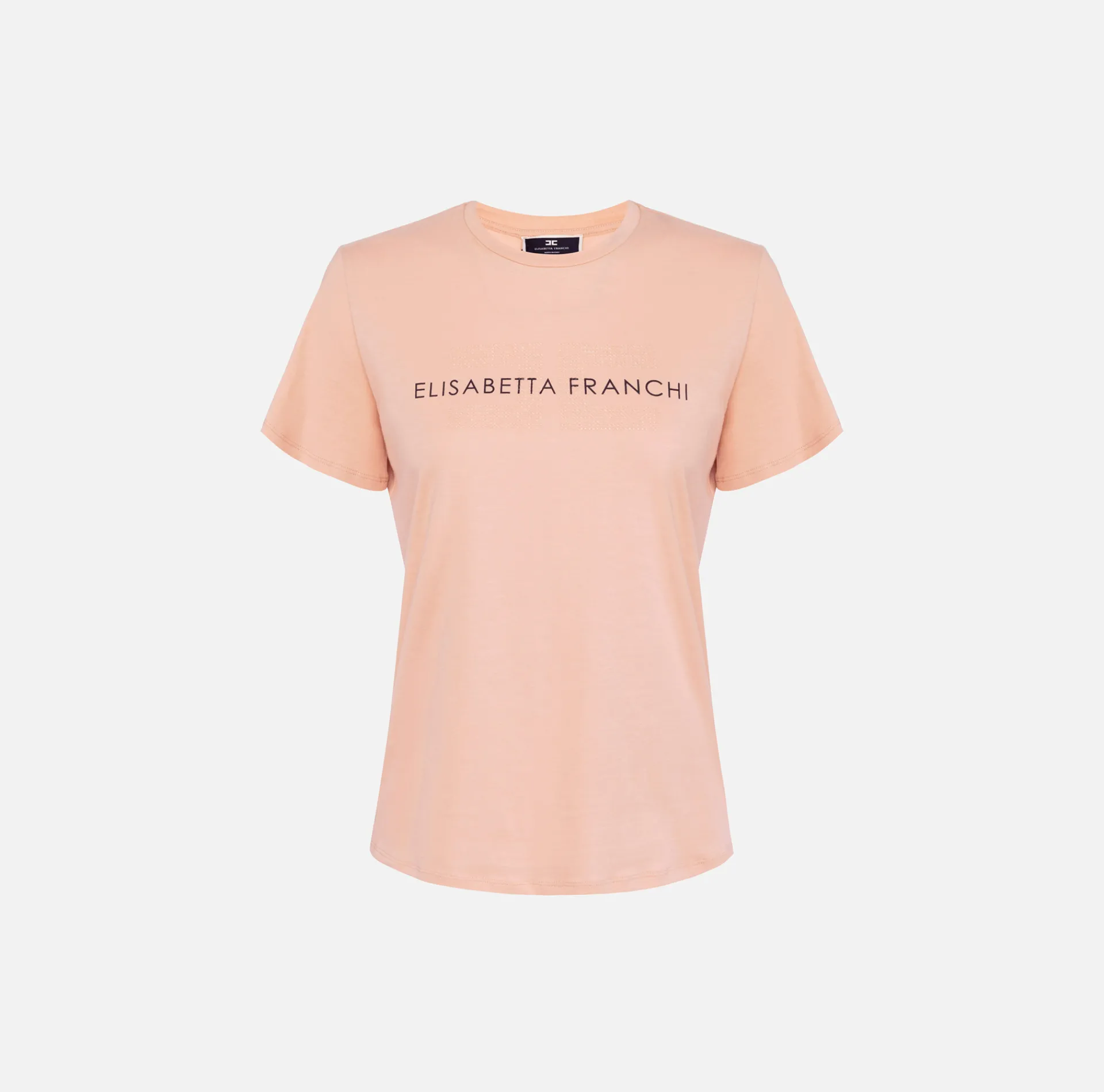 Elisabetta Franchi Top And T-Shirts|Jersey T-shirt with logo made with rhinestones PeachRose