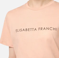 Elisabetta Franchi Top And T-Shirts|Jersey T-shirt with logo made with rhinestones PeachRose
