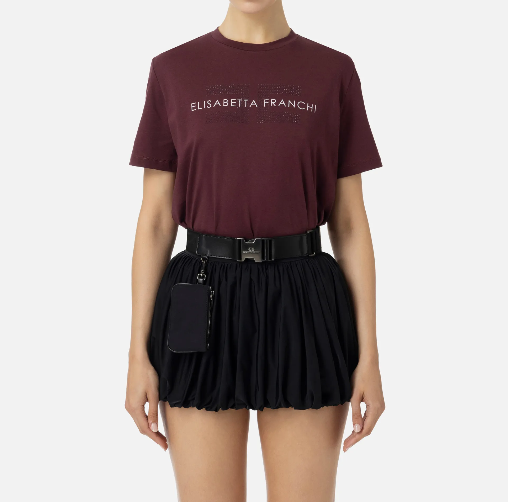 Elisabetta Franchi Top And T-Shirts|Jersey T-shirt with logo made with rhinestones RougeNoir