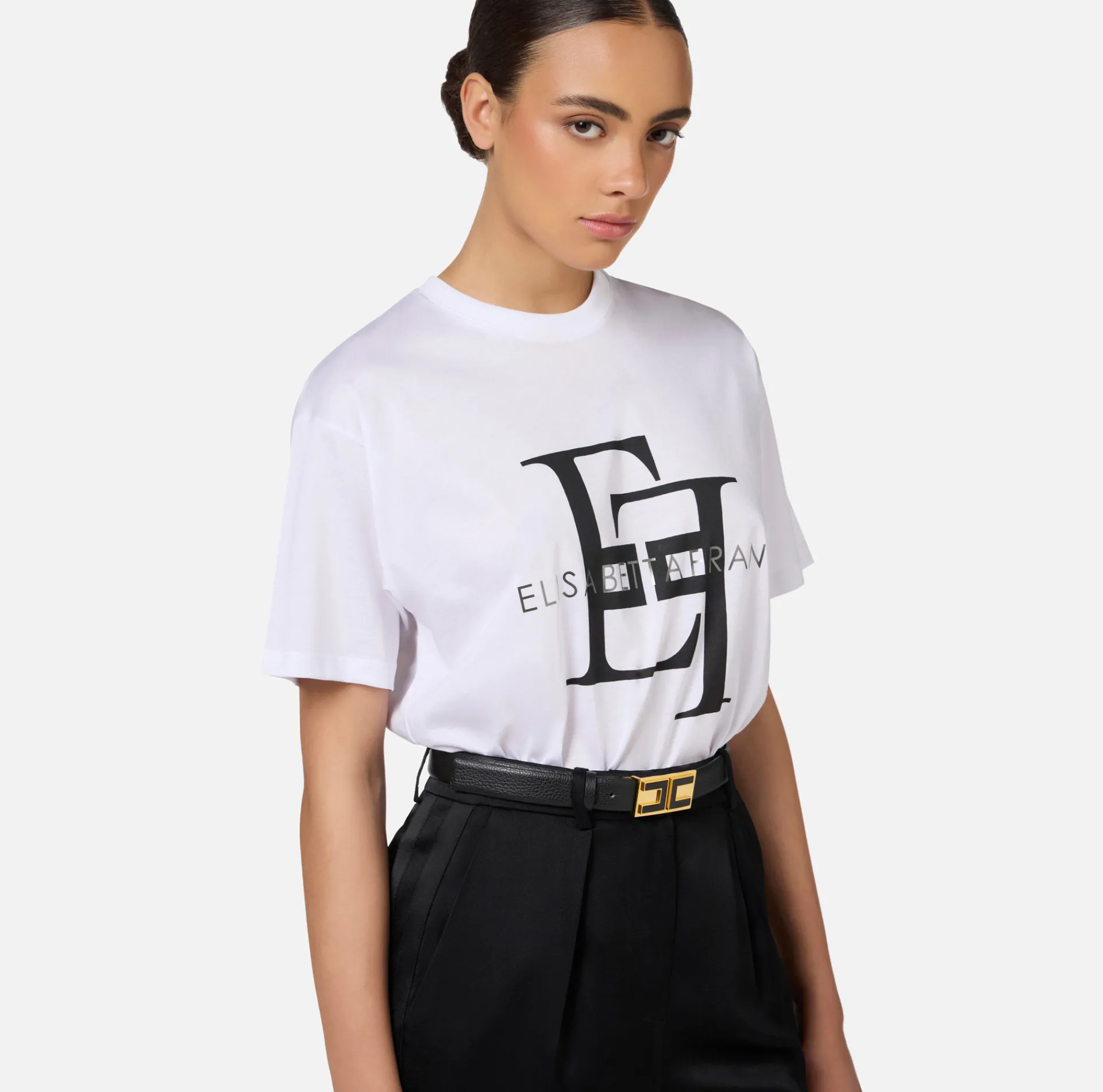 Elisabetta Franchi Top And T-Shirts|Jersey T-shirt with maxi logo Chalk/Black
