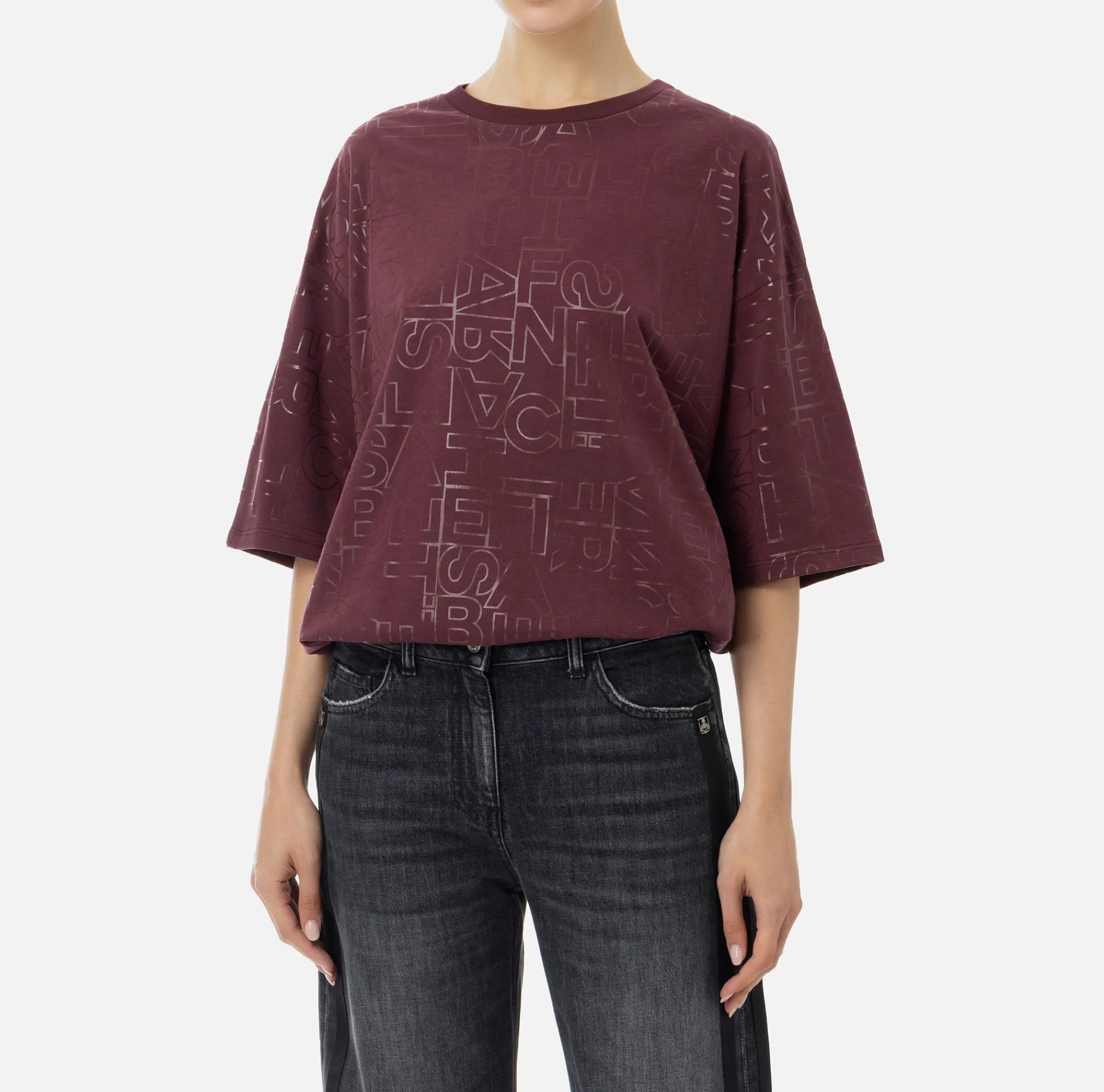 Elisabetta Franchi Top And T-Shirts|Jersey T-shirt with shiny lettering RougeNoir