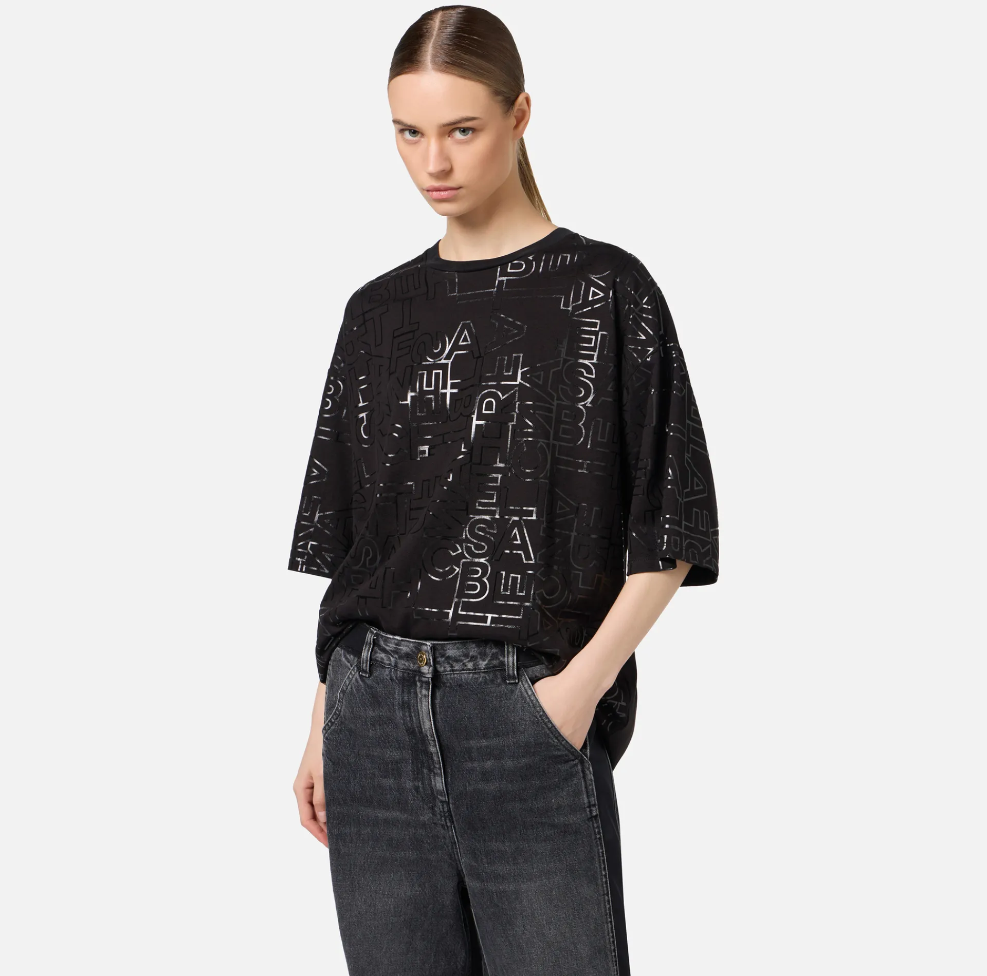 Elisabetta Franchi Top And T-Shirts|Jersey T-shirt with shiny lettering Black