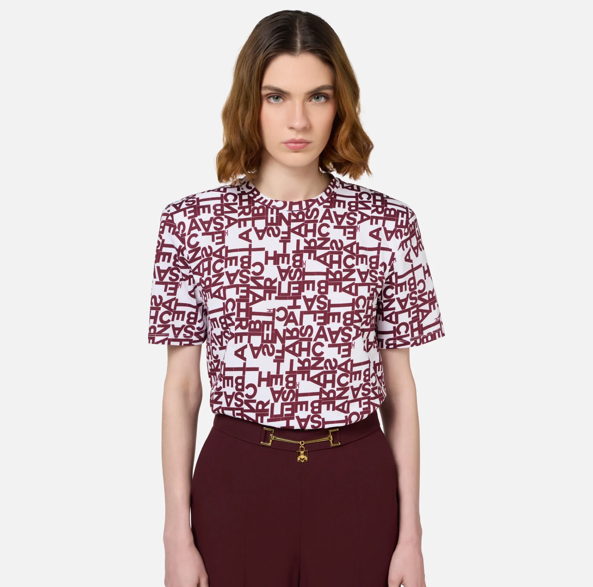 Elisabetta Franchi Top And T-Shirts|Jersey T-shirt with small lettering Chalk/RougeNoir