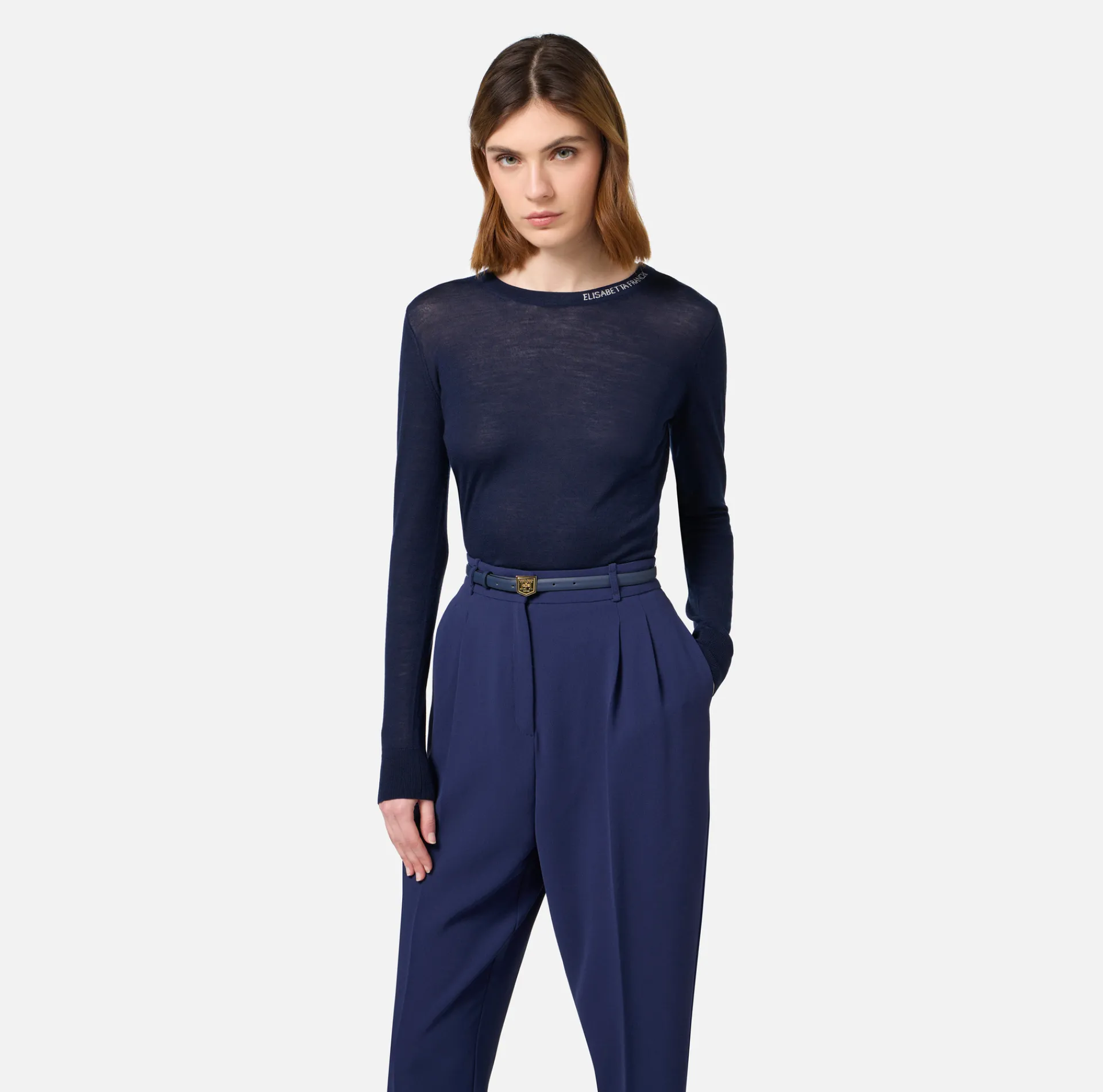 Elisabetta Franchi Knitwear And Sweatshirts|Jumper in merino wool fabric with contrasting jacquard logo Navy
