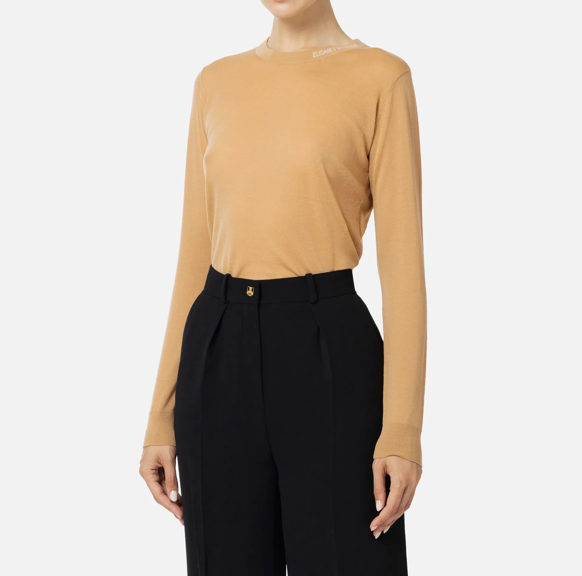 Elisabetta Franchi Knitwear And Sweatshirts|Jumper in merino wool fabric with contrasting jacquard logo Bronze