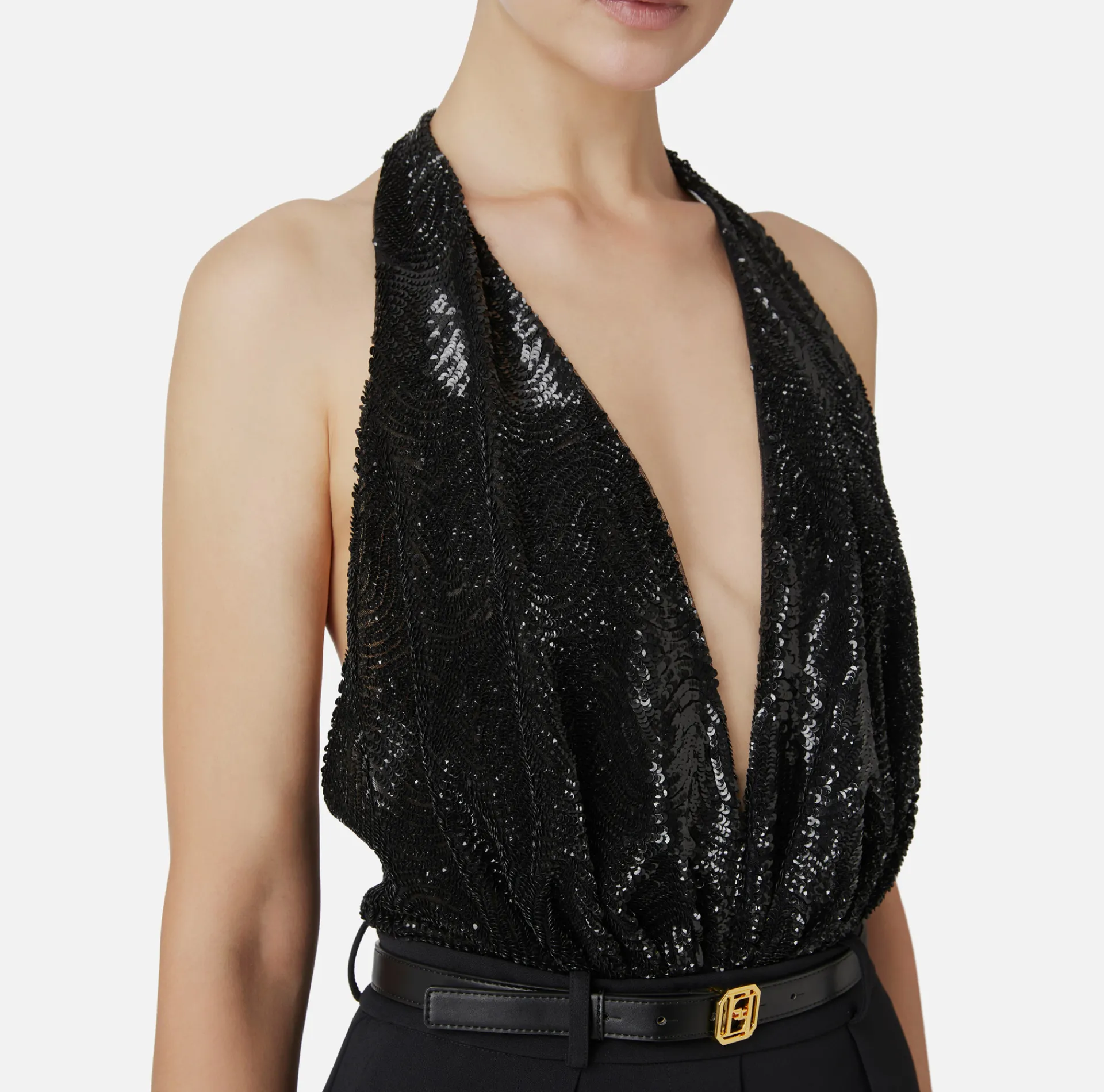 Elisabetta Franchi Jumpsuits|Jumpsuit in crêpe and tulle fabric embroidered with sequins Black